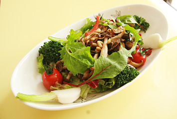 きのこの温かいサラダ ¥800+Tax（サニーレタス、レタス、トマト、ブロッコリー、キノコ、ルッコラ）