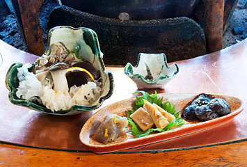 なば刺しと先付 (白きくらげ・黒きくらげ・しいたけ・舞茸・エリンギ・手作りこんにゃく)